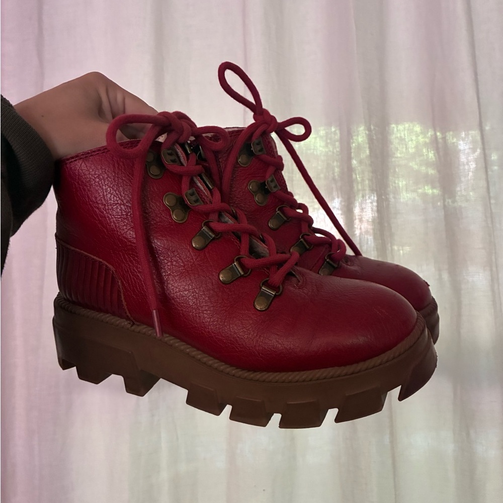 Kelsi Dagger Red Lace-Up Chunky Lug Ankle Boots - Picture 5 of 5